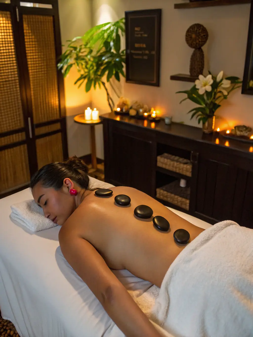 A serene image of a person receiving a hot stone massage, focusing on the smooth, heated stones placed on their back in a dimly lit, relaxing spa environment.