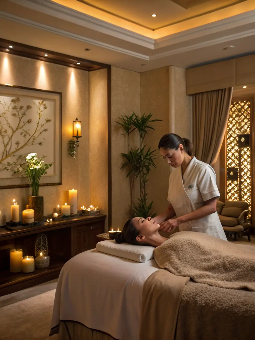An image of a tranquil spa ritual session with candles, herbal infusions, and soothing music, representing Spa Rituals for Total Rejuvenation.