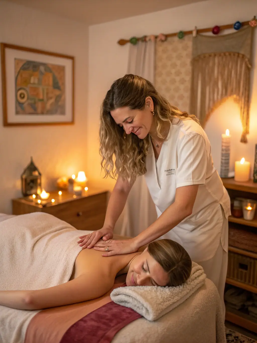 Image of a therapist performing a Swedish massage, showing long, flowing strokes on the client's back in a peaceful spa setting.
