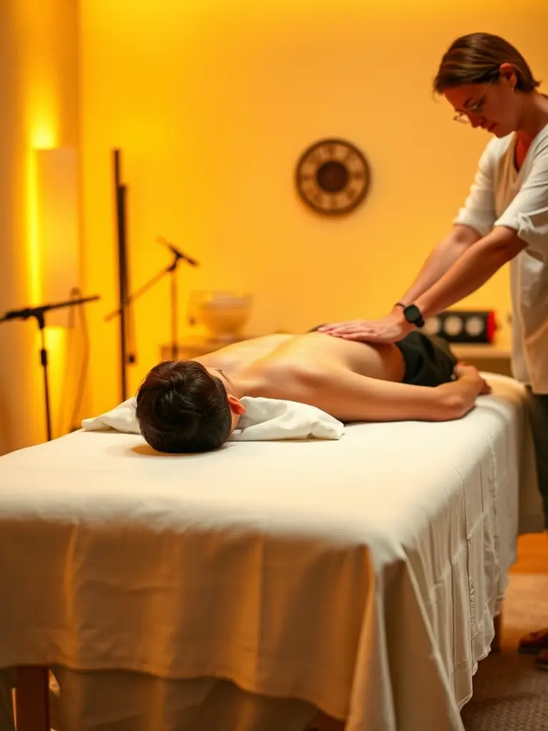 A serene image of a therapist performing a massage in a zen-inspired treatment room with soft lighting and wooden accents, highlighting the Relaxing Swedish Massage.