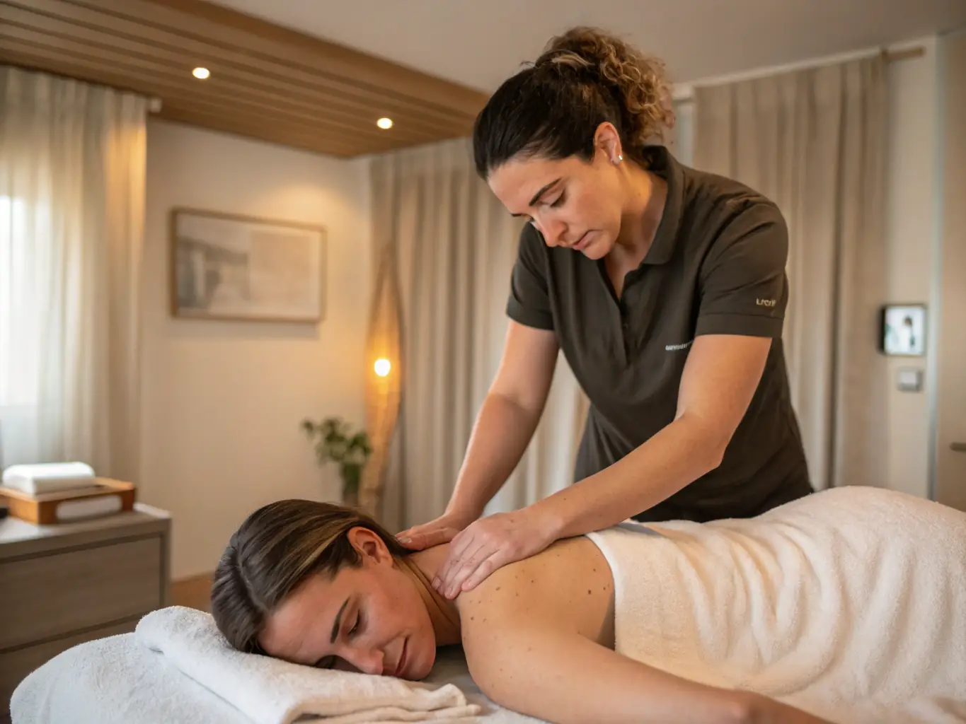 A serene image of a therapist performing a massage in a zen-inspired treatment room with soft lighting and wooden accents.