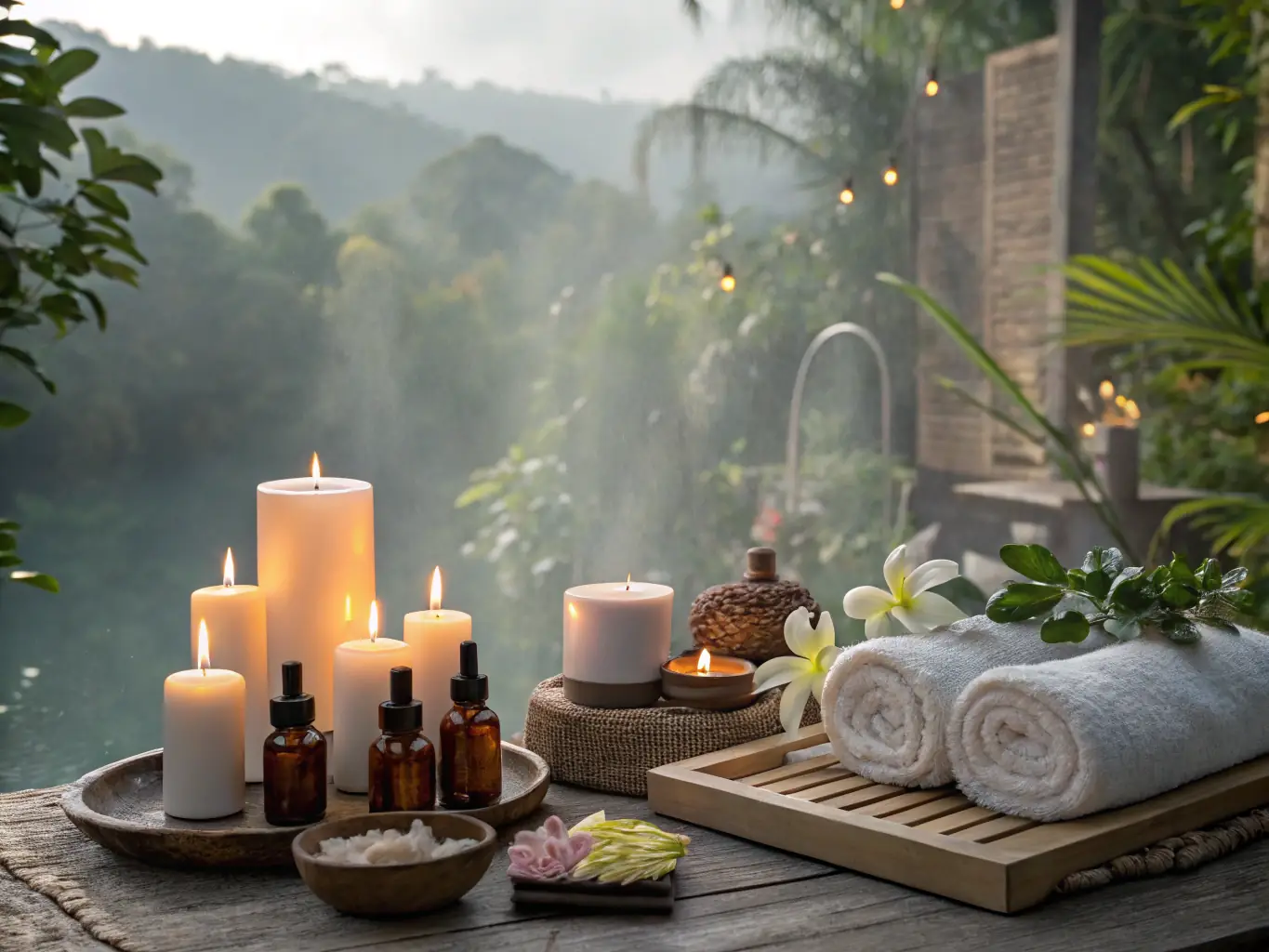 An image of a tranquil spa ritual session with candles, herbal infusions, and soothing music.