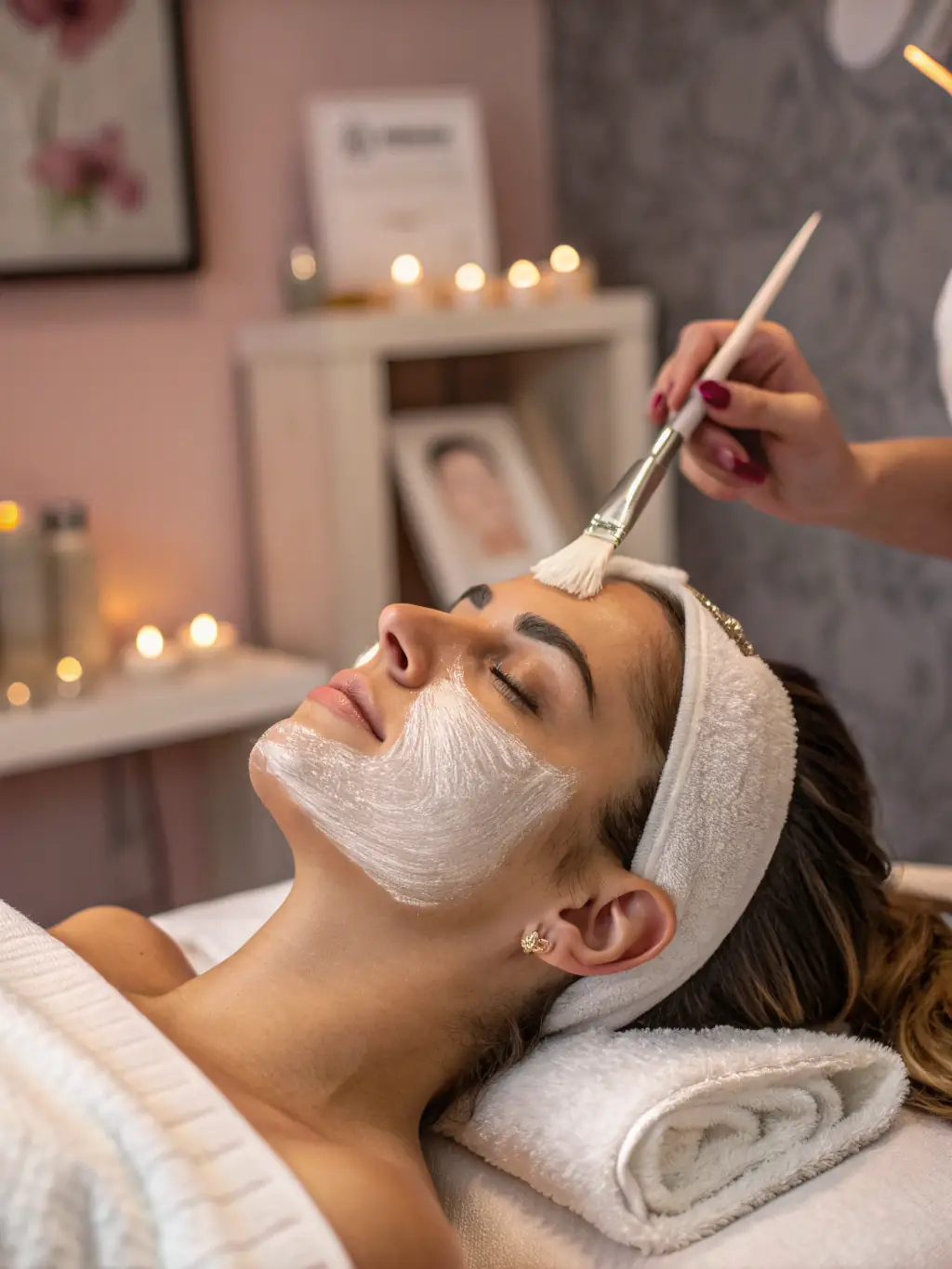 A close-up of a client receiving a facial in a calming environment with green plants and soft music, emphasizing the Revitalizing Facial.