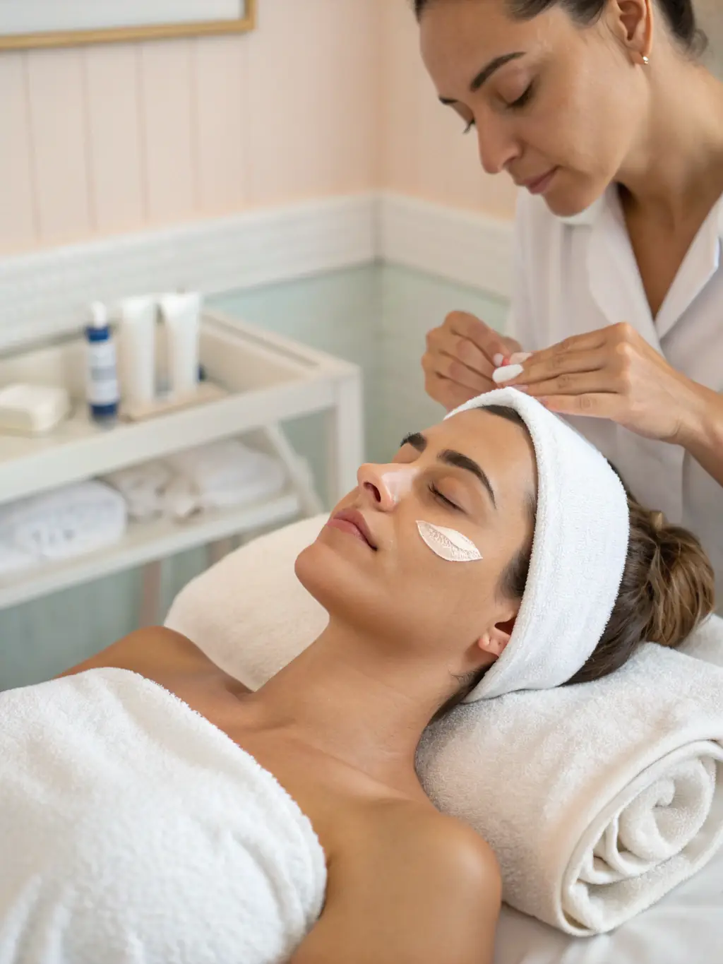 Close-up shot of a person's face during a facial treatment, highlighting the application of a nourishing mask and the gentle touch of the esthetician.