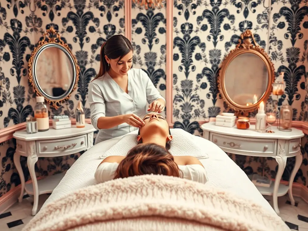A close-up of a client receiving a facial in a calming environment with green plants and soft music, showcasing the Revitalizing Facial.