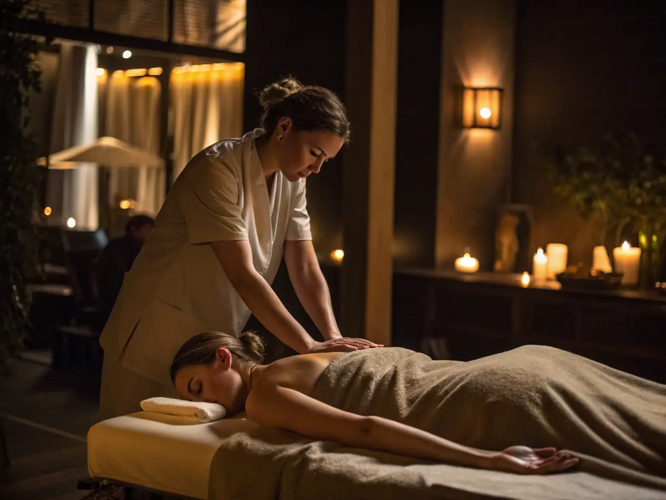 A serene image of a therapist performing a massage in a zen-inspired treatment room with soft lighting and wooden accents, representing the Relaxing Swedish Massage.